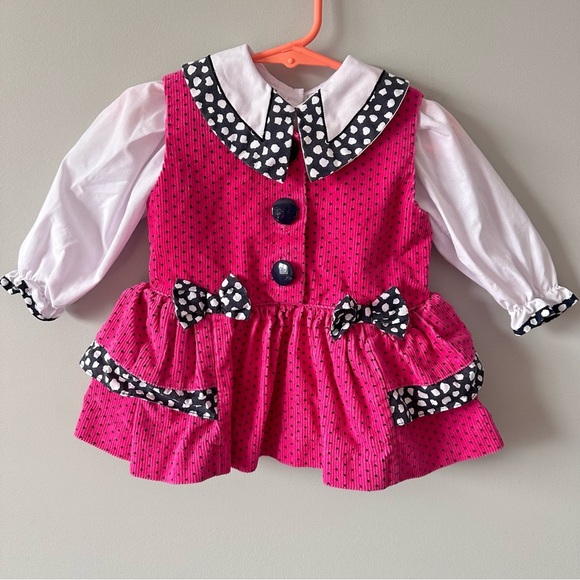 Vintage Small Steps 12 Months Girl Pink Corduroy Bow Dress Top 80s 90s - Picture 1 of 7